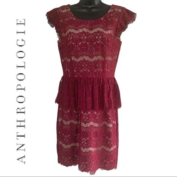 Anthropologie Maeve Burgundy Elsa Lace Peplum Cocktail Dress Size XS - Picture 4 of 15